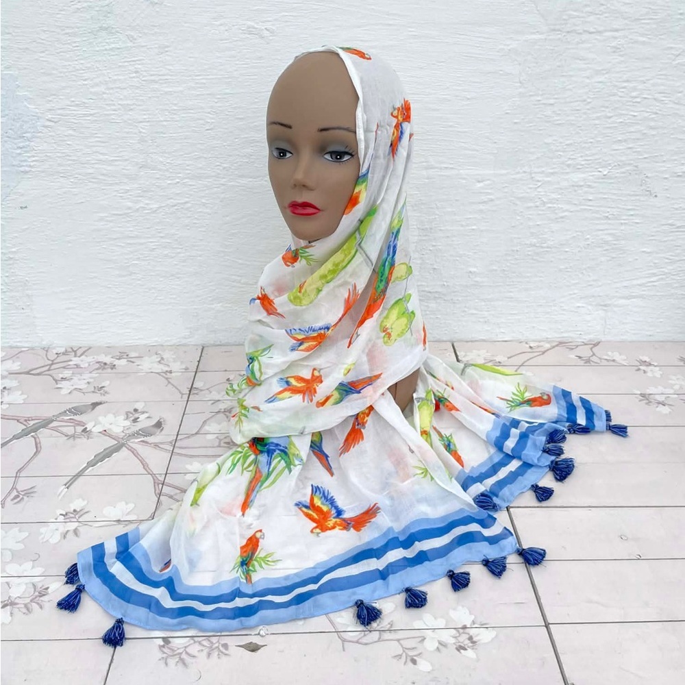 Talbots Vibrant Bird Print Scarf with Blue Accents